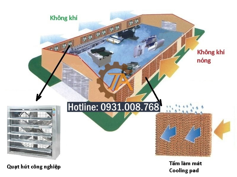 Quạt công nghiệp kết hợp tấm làm mát trong thông gió làm mát nhà xưởng.